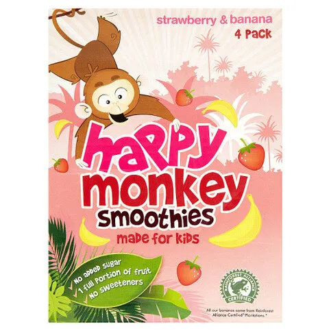 Happy Monkey Strawberry & Banana Smoothies 4 x 180ml