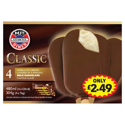 Mj's Diner Classic Vanilla Ice Creams Covered in a Smooth Milk Chocolate Flavour Glaze 4 x 76g