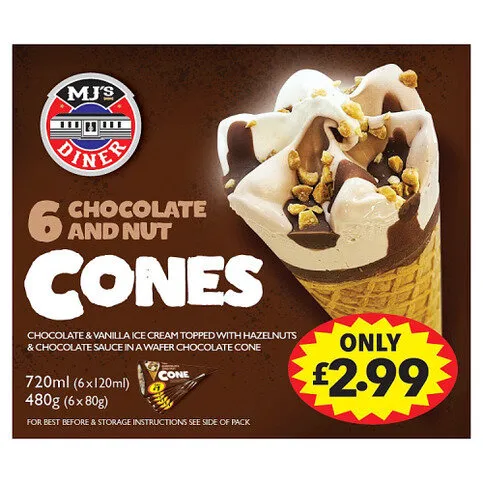 MJ's Diner Chocolate and Nut Cones 6 x 62g (372g)