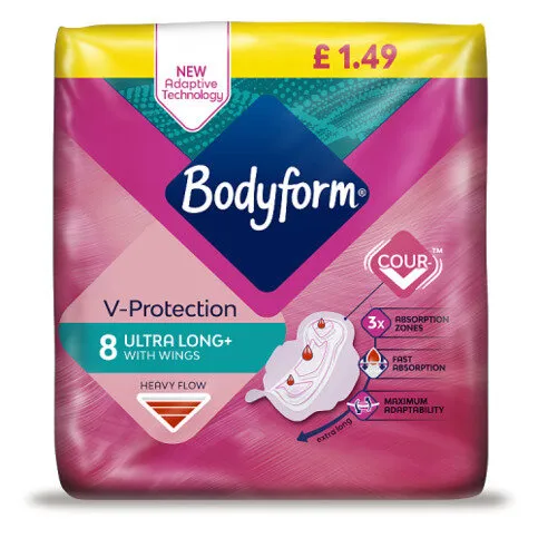 Bodyform Long Towel with Wings, New Cour-V™ Adaptive Technology 8 pcs