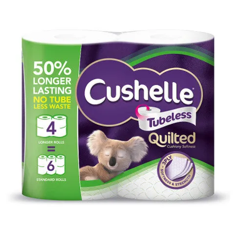 Cushelle Quilted Tubeless Toilet Tissue 4 equals 6 Regular rolls