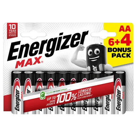 Energizer Max Aa Alkaline Batteries 6+4pk Ps 10pk