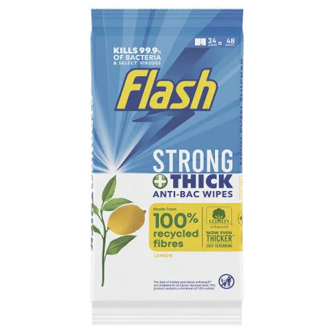 Flash Strong & Thick Antibacterial Wipes Made of 100% Recycled Fibres With Lemon Scent 24