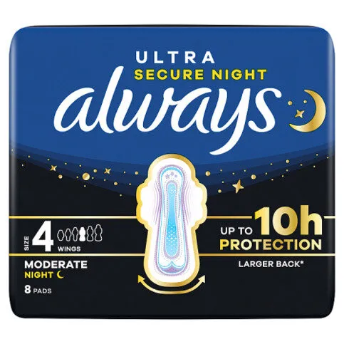 Always Ultra Sanitary Towels Moderate Night (Size 4) Wings 8 Pads, For Menstrual Periods