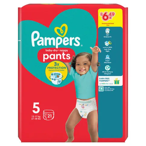 Pampers Baby-Dry Nappy Pants Size 5, 21 Nappies, 12kg-17kg, Carry Pack