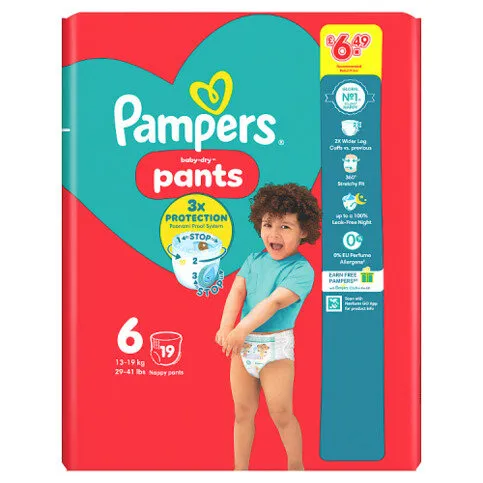 Pampers Baby-Dry Nappy Pants Size 6, 19 Nappies, 13kg-19kg, Carry Pack