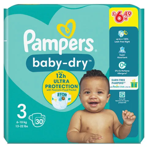 Pampers Baby-Dry Size 3, 30 Nappies, 6kg-10kg, Carry Pack