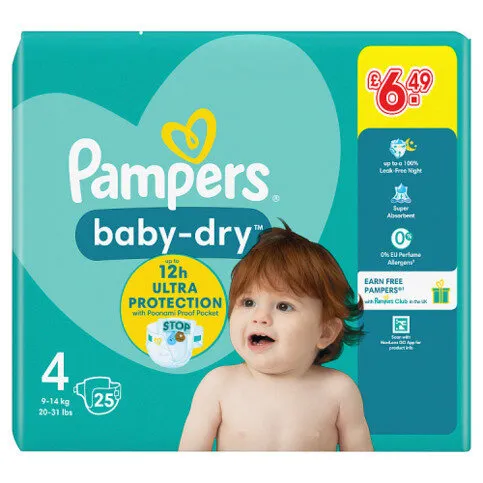 Pampers Baby-Dry Size 4, 25 Nappies, 9kg-14kg, Carry Pack