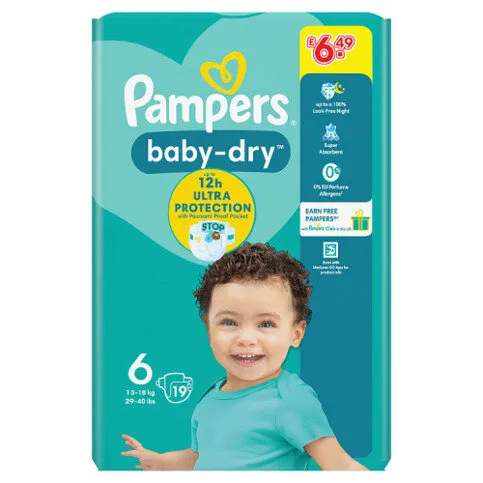 Pampers Baby-Dry Size 6, 19 Nappies, 13kg-18kg, Carry Pack
