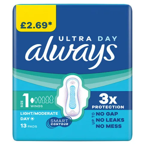 Always Ultra Sanitary Towels Light / Moderate Flow Day (Size 1) Wings 13 Pads