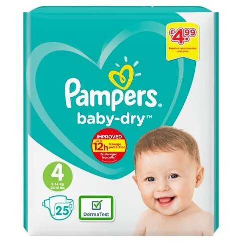 Pampers Baby-Dry Size 4, 25 Nappies, 9kg-14kg, Carry Pack