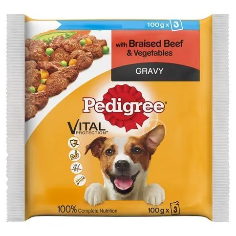 Pedigree Beef in Gravy Wet Dog Food Pouches 3 x 100g