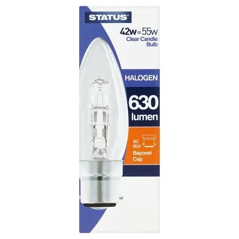 Status 42 Watt = 55 Watt Clear Candle Bulb Halogen 630 Lumen Bayonet Cap