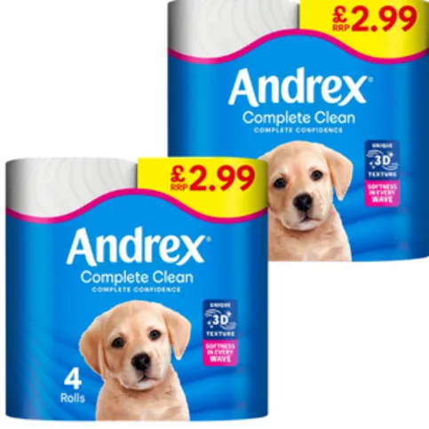 2 Packs Andrex Complete Clean Toilet Tissue 4 Rolls BOGOF