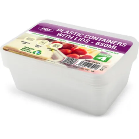4 Food Containers & Lids Rectangle Plastic 650ml