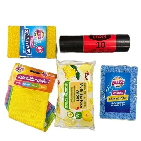 Bin Bags + Scouring Pads + Microfibre Cloths + Sponge Wipes + Multi-Surface Wipes