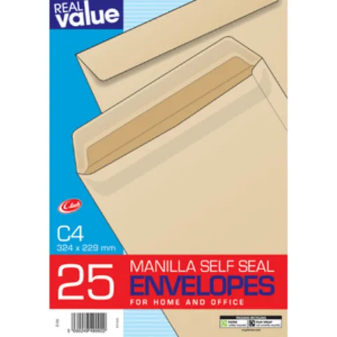 Real Value Manilla Self Seal Envelopes C4 25 Pack