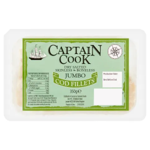 Captain Cook Dry Salted Skinless & Boneless Jumbo Cod Fillets 350g