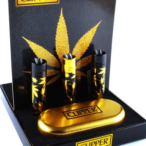Clipper Lighter Leaves Gold + Metal Case