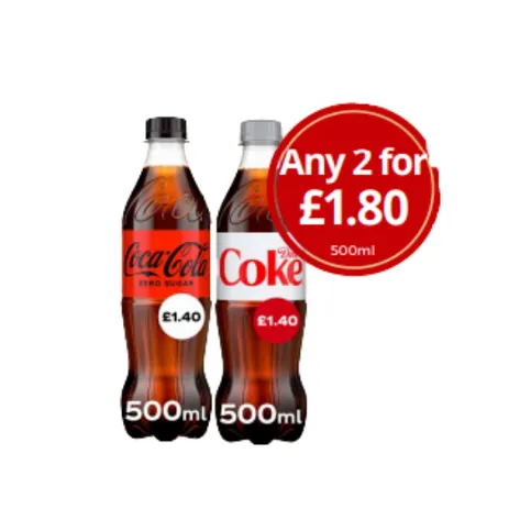 Coca Cola Zero/Diet 500ml 2 for £1.80