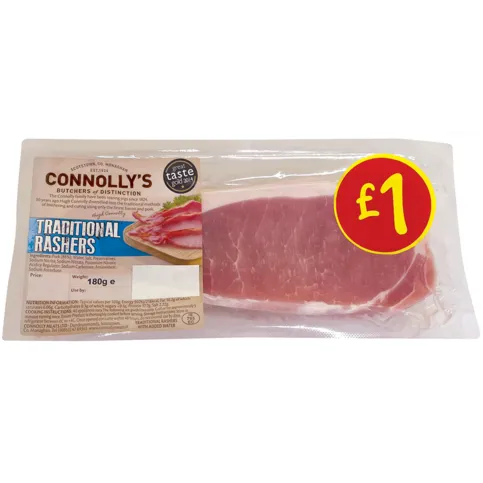 CHILLED: CONN UNSMOKED BACON £1.00 180G