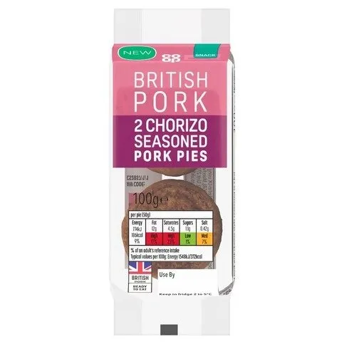 Co-op 2 Chorizo Seasoned Pork Pies 100g