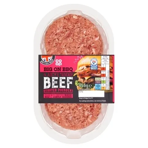 Co-op Big on BBQ 4 Juicy & Tender Beef Quarter Pounders 454g