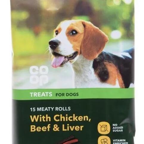 Co-op Pet Treats for Dogs 15 Meaty Rolls Variety Pack with Chicken, Beef & Liver 135g