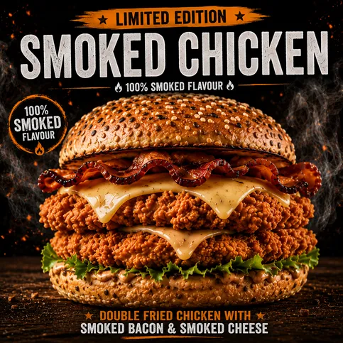 Double chicken burger with smoked bacon and cheese