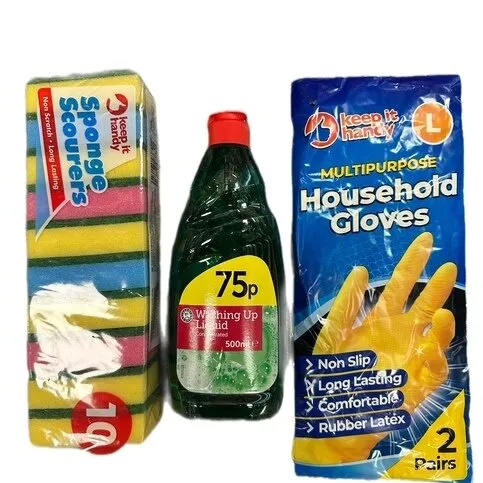 Euroshopper Washing Up Liquid + Sponge Scourers + Household Gloves Bundle