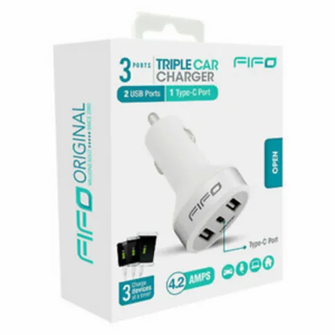 FIFO Triple Car Charger 2 USB/1 USB-C Ports