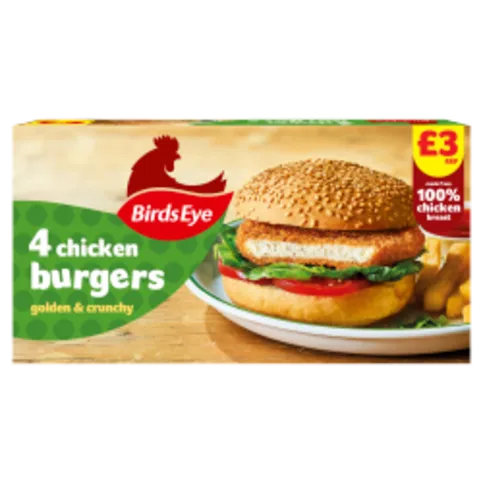 FROZEN: BIRDS EYE 4 CHICKEN BURGERS PM£3.00 200G