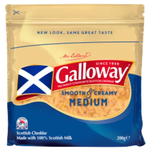 CHILLED: GALLOWAY MEDIUM GRATED SCOTTISH CHEDDAR 200G