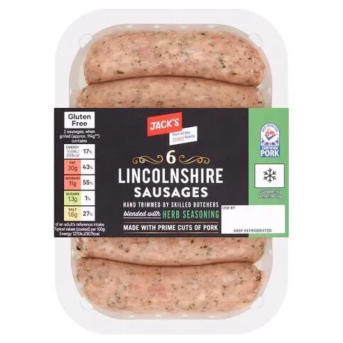 Jack's 6 British Lincolnshire Pork Sausages 454g