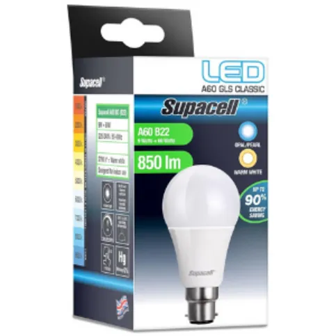 Supacell A60 B22 BC 9 Watt LED GLS Light Bulb, Warm White