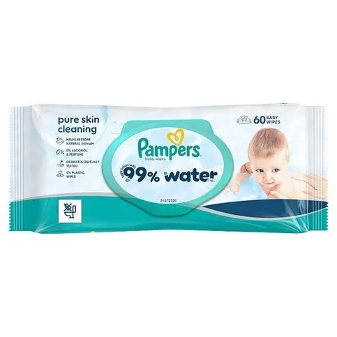 Pampers 99% Water Baby Wipes, 60 Baby Wet Wipes