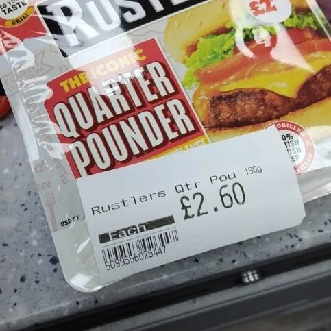 Rustlers Q/pounder Cheeseburger £2.60 128g
