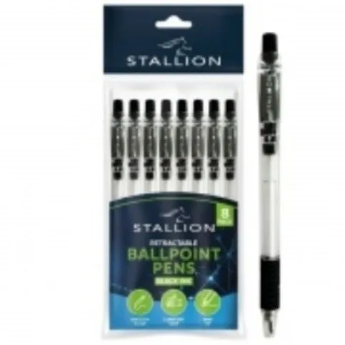 Stallion Retractable Ball Pens 8 Pack Black