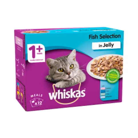 Whiskas Adult 1+ Wet Cat Food Pouches Fish in Jelly 12 x 100g