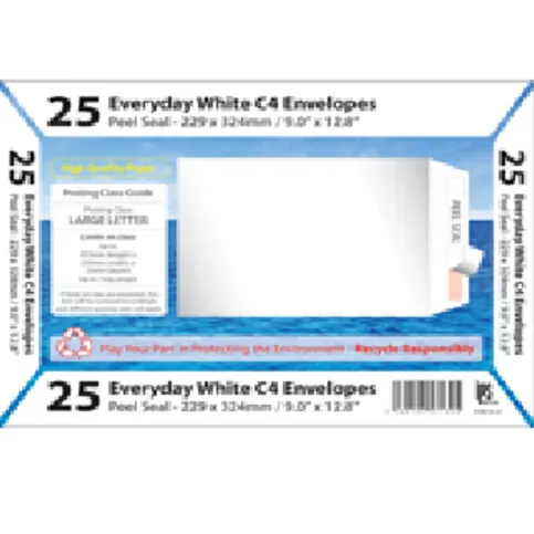White Envelopes C4 324 x 229mm Peel Seal Pack of 25