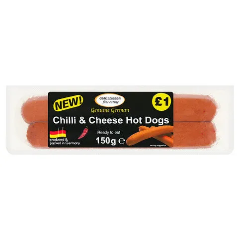 Delicatessen Fine Eating Chilli & Cheese Hot Dogs 2 x 75g