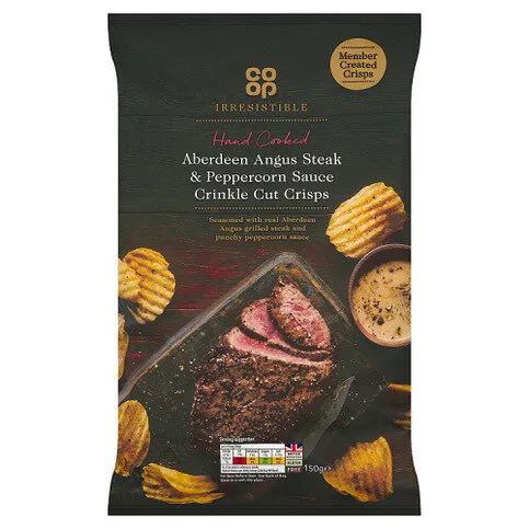 Co-op Irresistible Hand Cooked Aberdeen Angus Steak & Peppercorn Sauce Crinkle Cut Crisps 150g