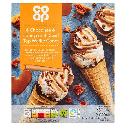 Co-op Fairtrade 4 Chocolate & Honeycomb Swirl Top Waffle Cones 4 x 140ml (560ml)