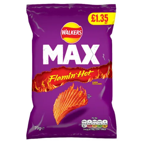 Walkers Max Flamin' Hot Sharing Bag Crisps 70g PMP £1.35 RRP