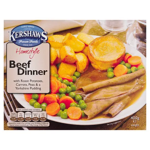 Kershaws Homestyle Beef Dinner with Roast Potatoes, Carrots, Peas & a Yorkshire Pudding 400g