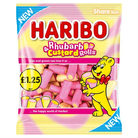 HARIBO Rhubarb & Custard Rolls 140g [ NEW HANGING BAG ]