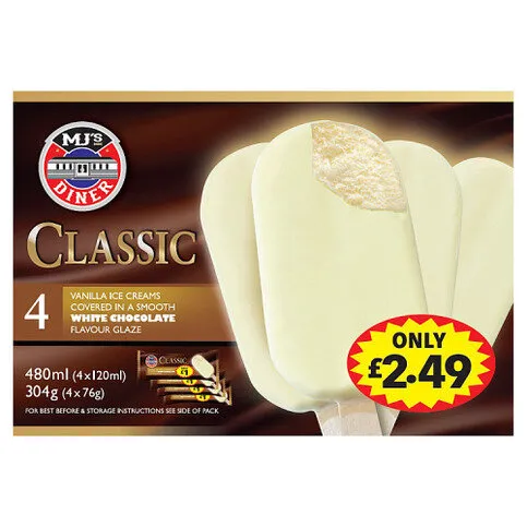 MJ's Diner Classic 4 Vanilla Ice Creams in a Smooth White Chocolate Flavour Glaze 304g (4x76g)