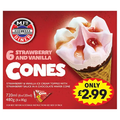 MJ's Diner Strawberry and Vanilla Cones 6 x 62g (372g)