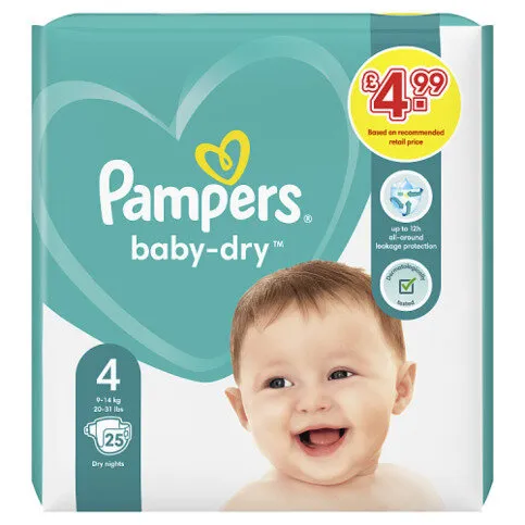 Pampers Baby-Dry Size 4, 25 Nappies, 9kg-14kg, Carry Pack