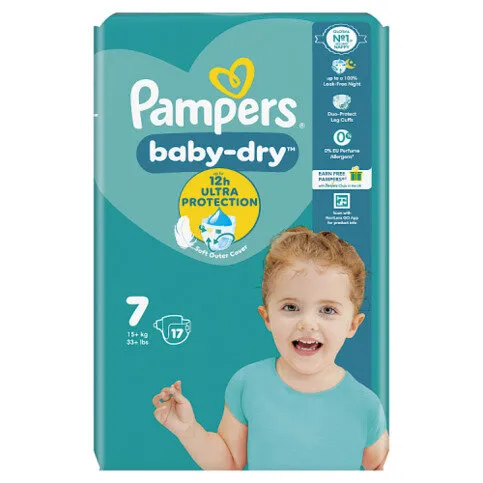 Pampers Baby-Dry Size 7, 17 Nappies, 15kg+, Carry Pack